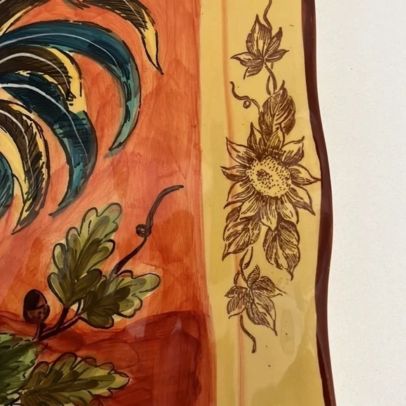 MAXCERA CORP Orange Rooster Square Plate Sunflowers Floral Edge Pattern Farmcore - Picture 6 of 8